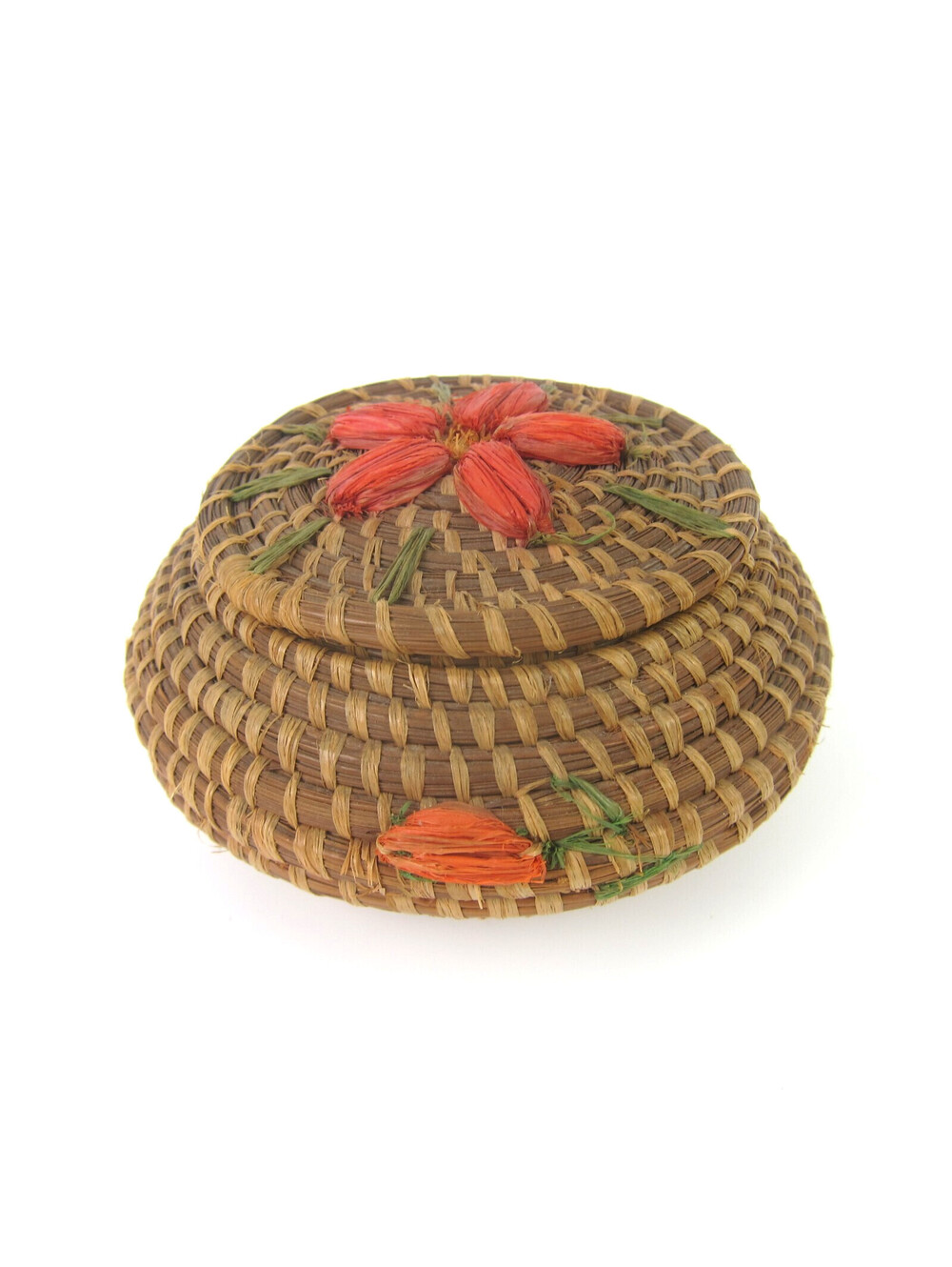 Coushatta Pine Needle Basket Applied Flowers Lidded Native American Vintage RARE